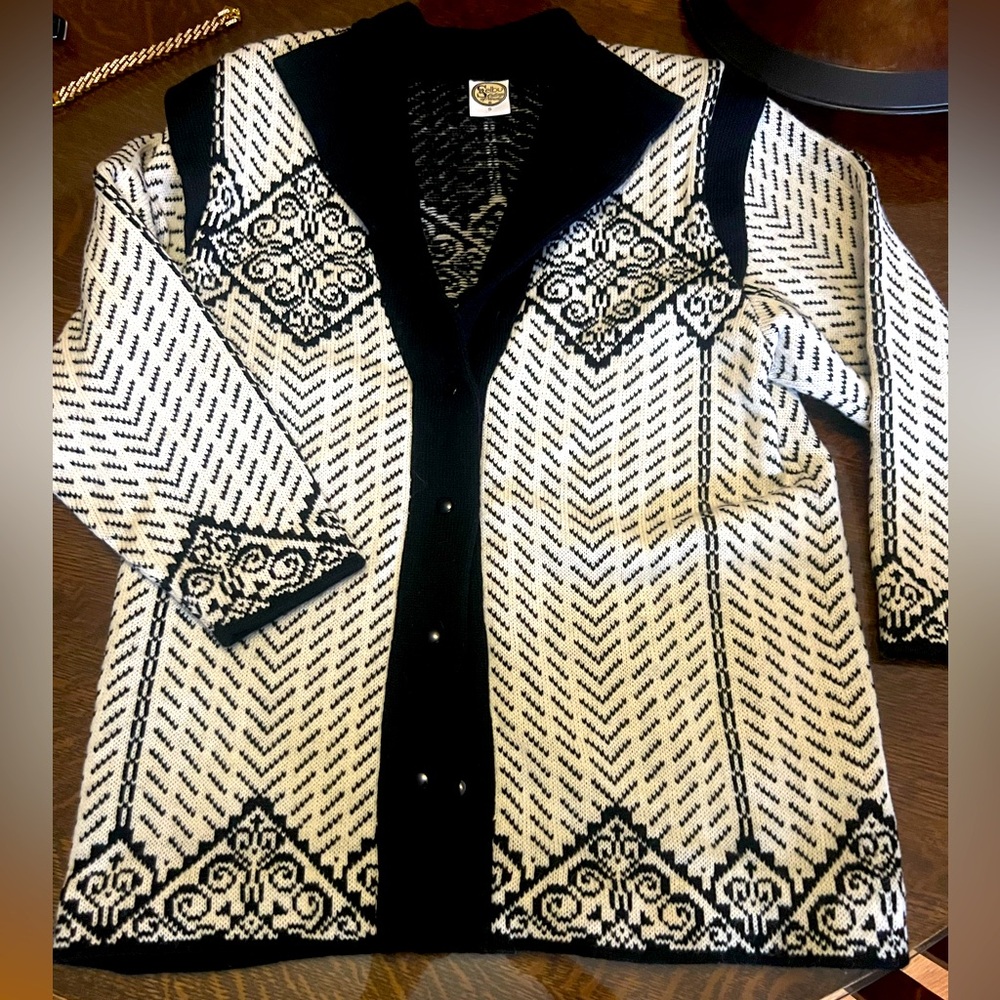 Selbu Knittings of Norway 🖤 Fair Isle Jacquard LONG Cardigan Black White Size S